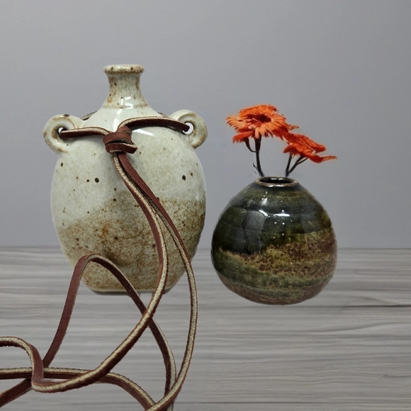 Pottery Handmade Vintage Japenese Small & Medium Vases Tan-leather Tie & Green - Picture 1 of 12